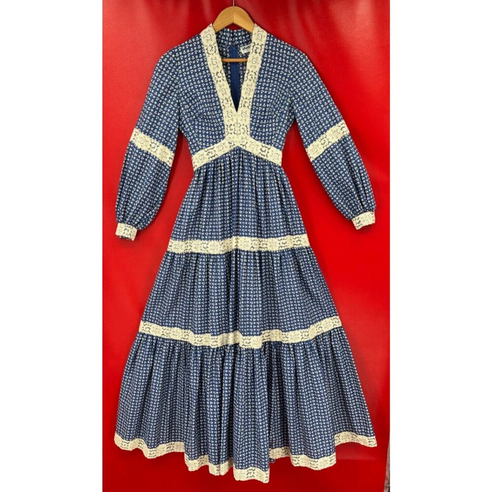 Vintage Victor Costa Calico Lace Cotton Hippie Mazi Dress Size XS to S - Picture 3 of 16